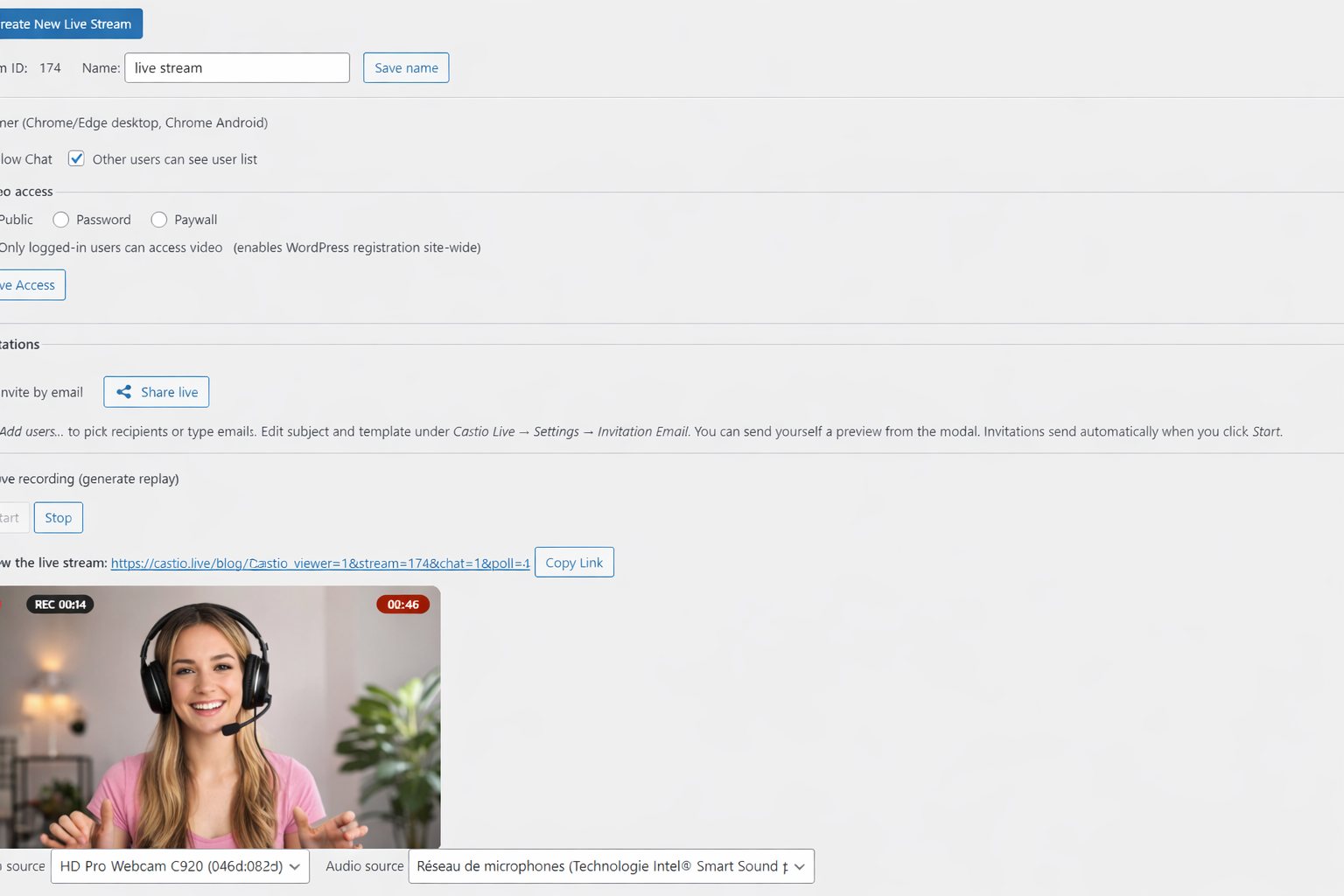 Live streaming interface in WordPress Admin