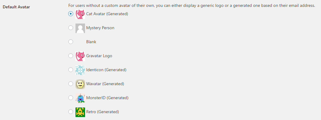 **Default Avatar setting** - Here you can select *Cat Avatars (Generated)* as default avatar setting.