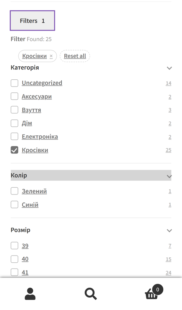 The mobile drawer with the "Show N products" button
