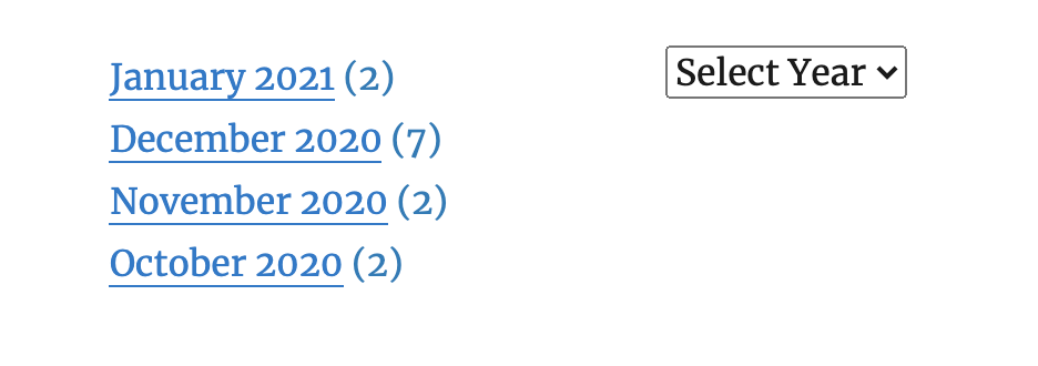 The archive displayed as a list with post counts and the archive displayed as a pulldown of years without post counts.