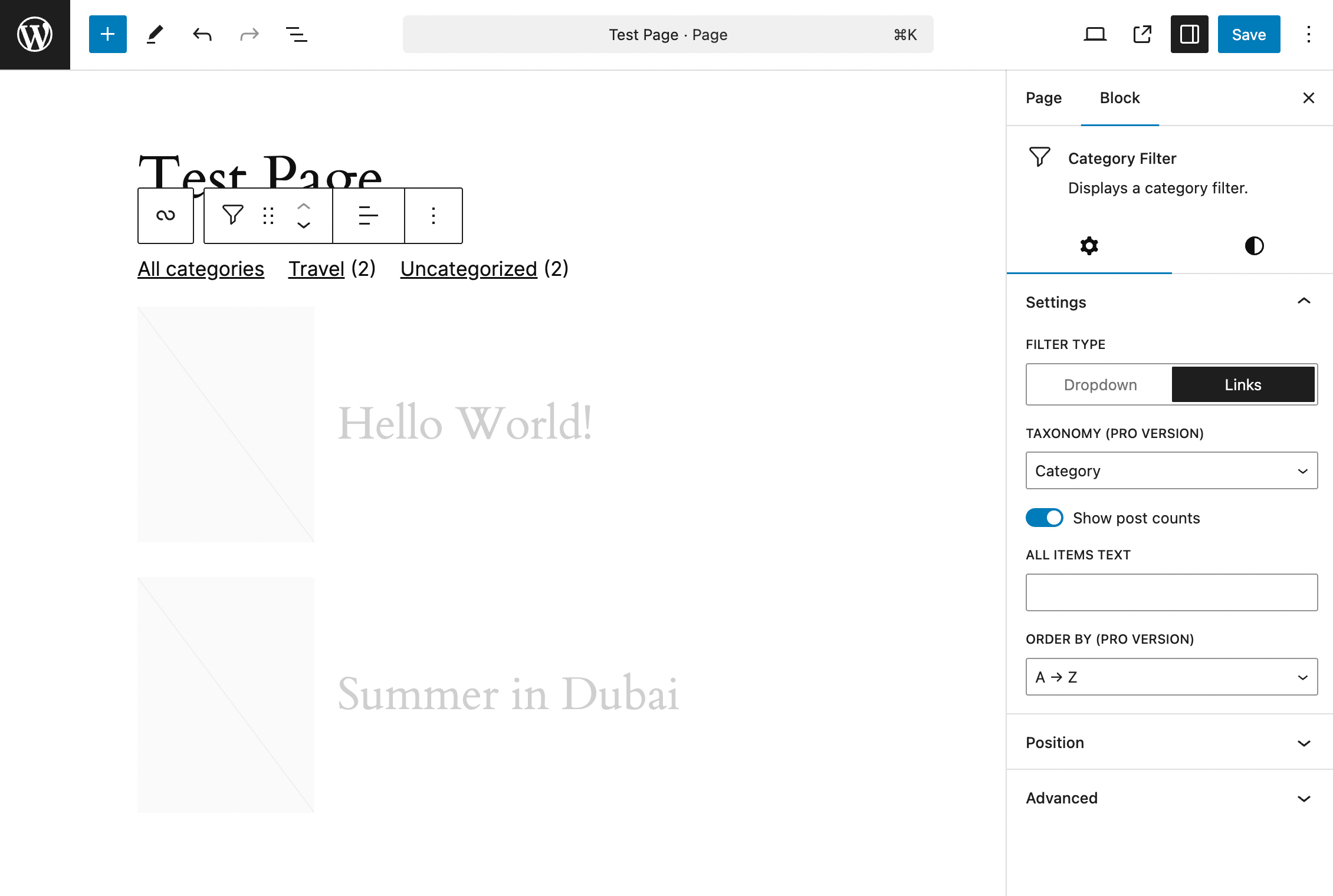 Category Filter block settings