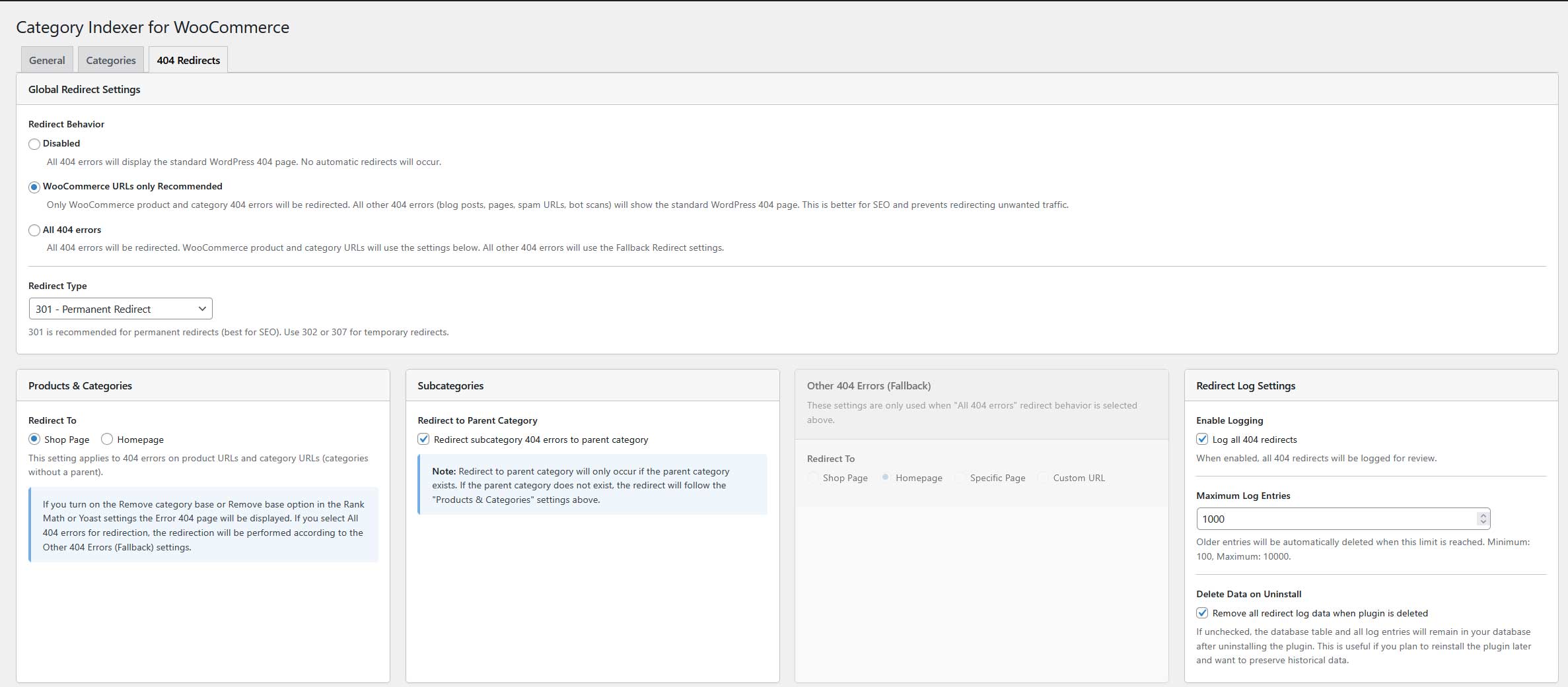 404 Redirects tab - Configure automatic redirect behavior