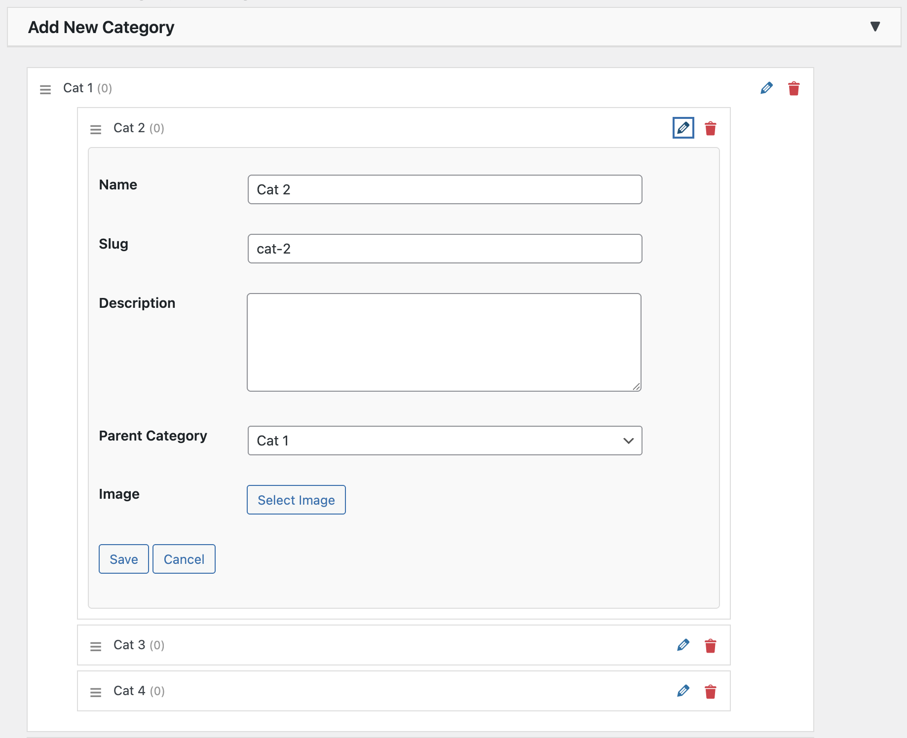 The 'Add New Category' form with fields for name, slug, description, parent, and image.