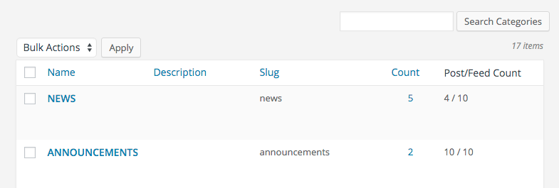 Category listing shows each category's `posts_per_page` and `posts_per_rss` values.