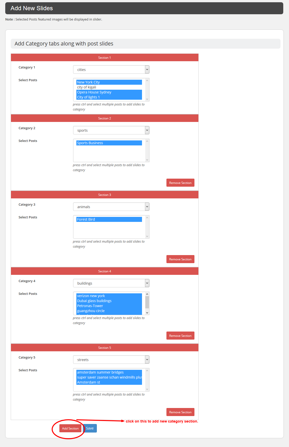 Frontend slider display with horizontal tab format.