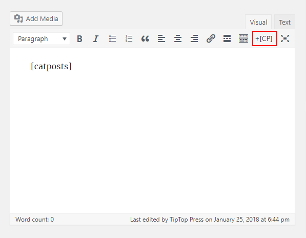Use shortcode [catposts] in the content.