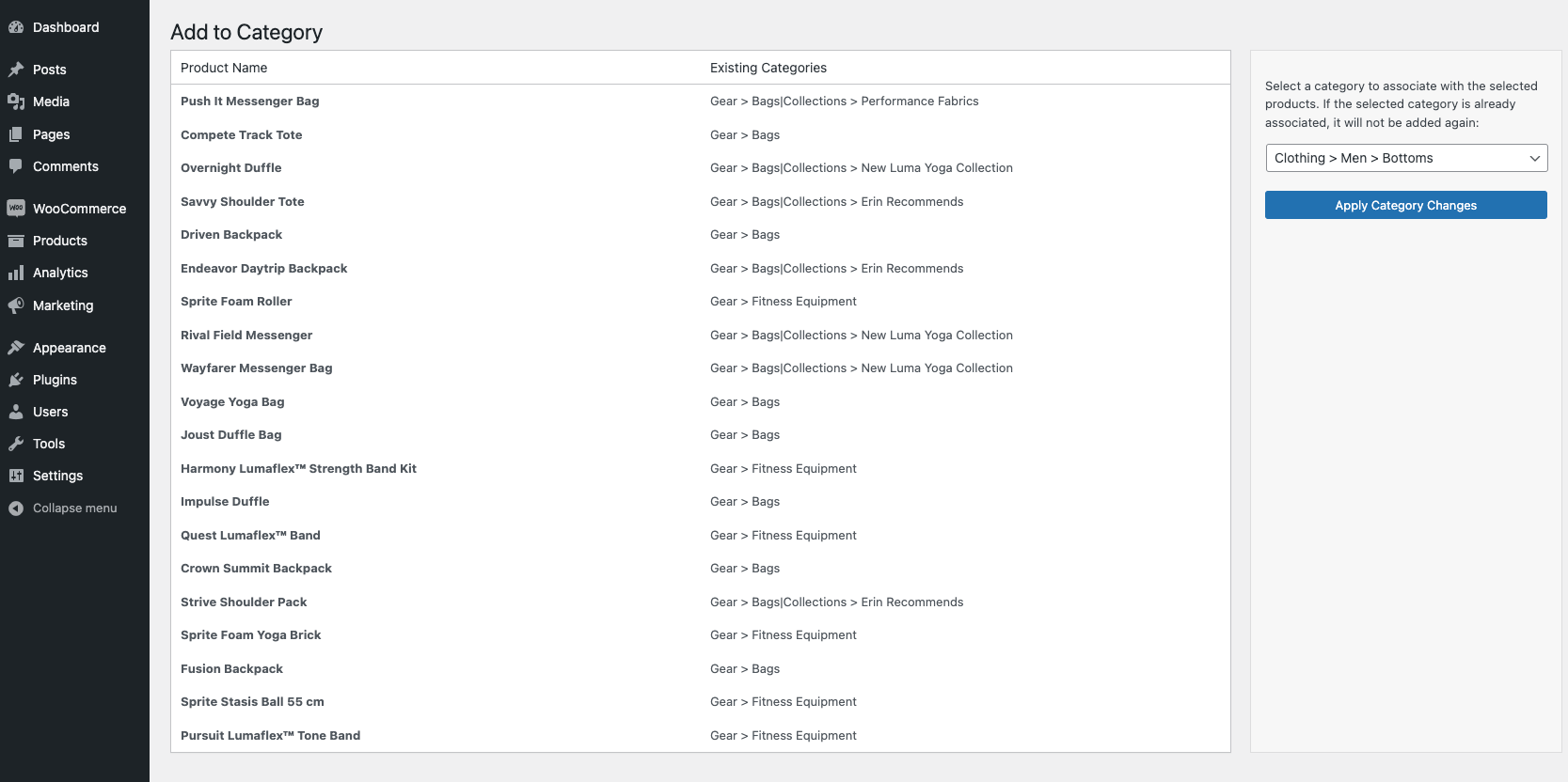 Category selection screen for bulk adding categories to selected products.