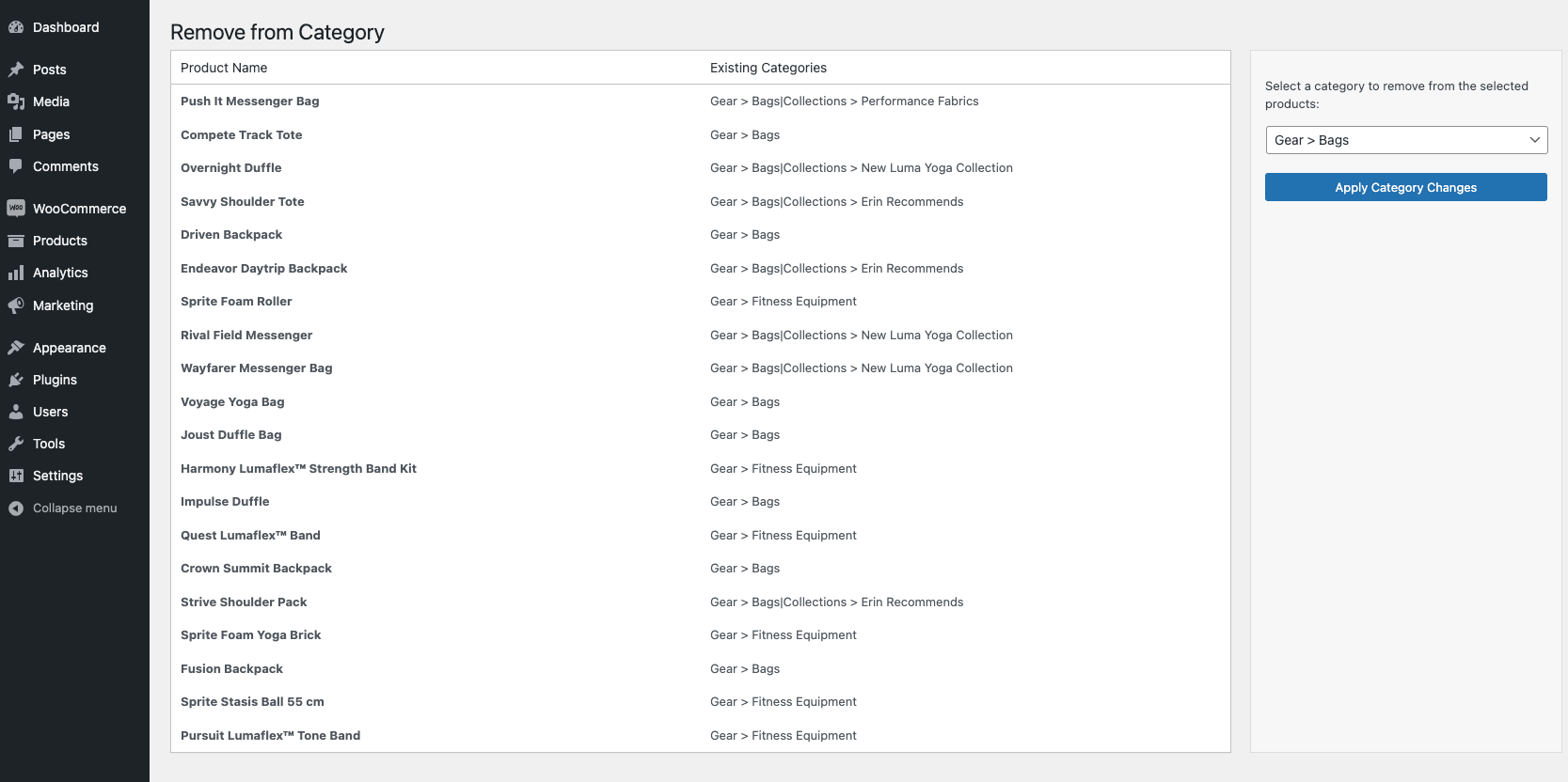 Category selection screen for bulk removing categories from selected products.
