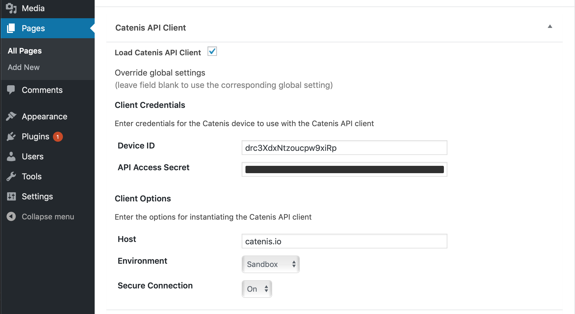 The "Catenis API Client" meta box on a WordPress page's edit page.
