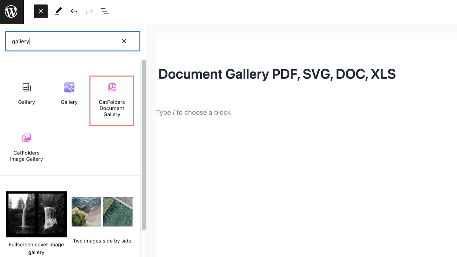 The Gutenberg block of CatFolders document gallery.
