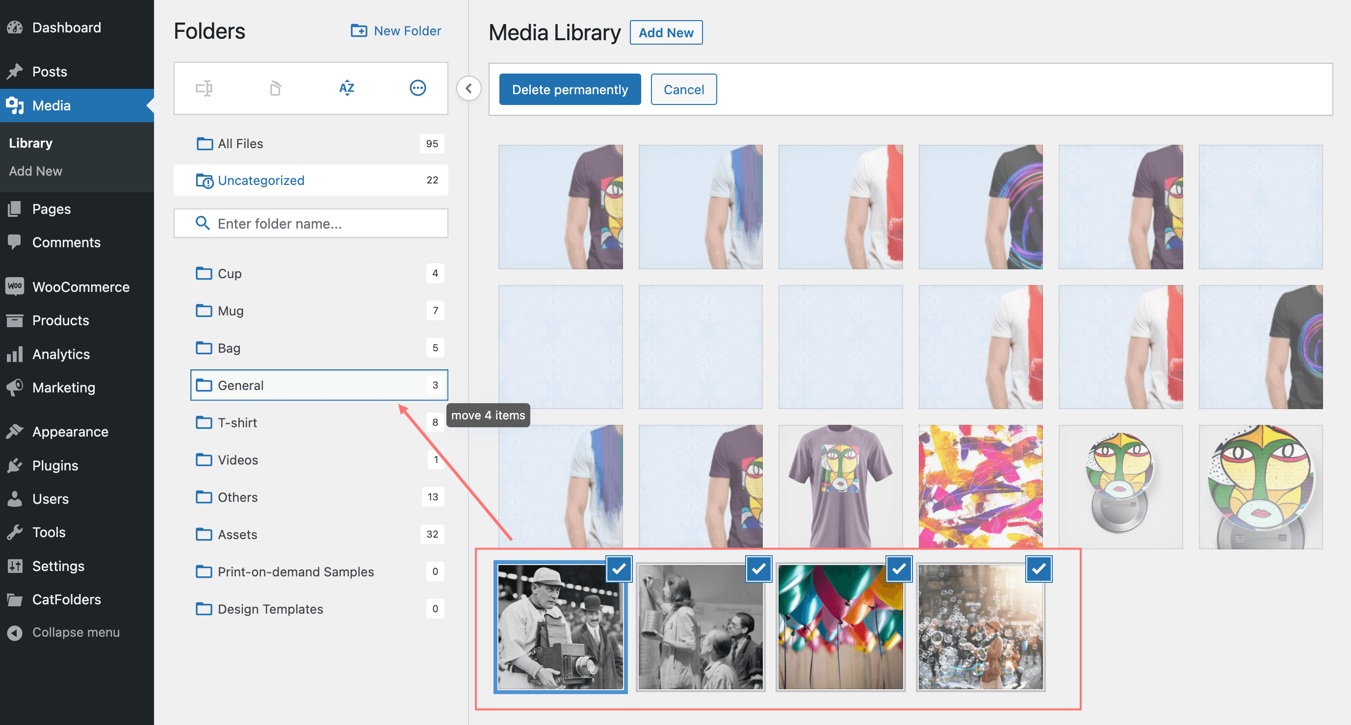 Bulk select and drag & drop files into WP media folders with ease