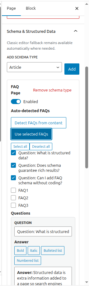 FAQ detection and selection interface