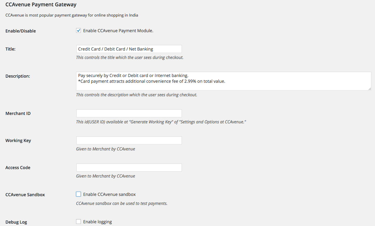 CCAvenue WooCommerce Gateway settings page
