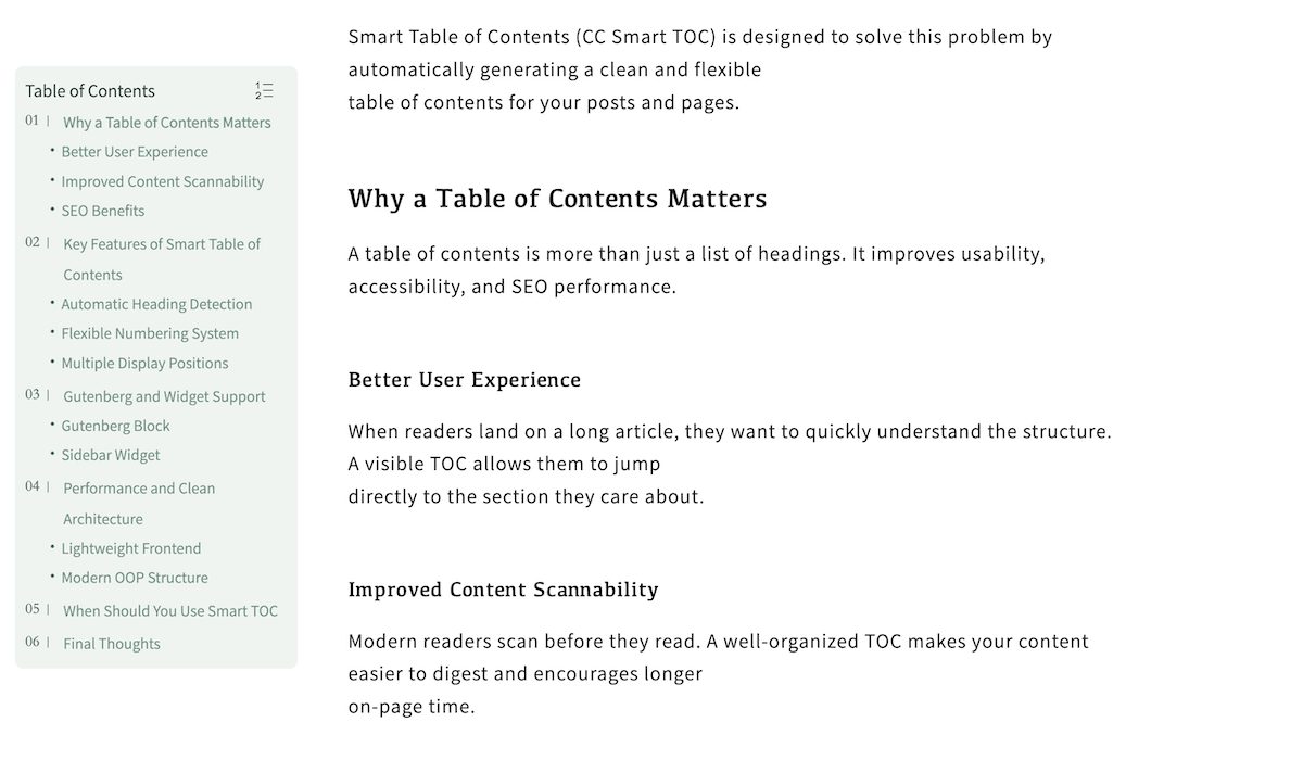 Floating side table of contents displayed on the left with fixed positioning