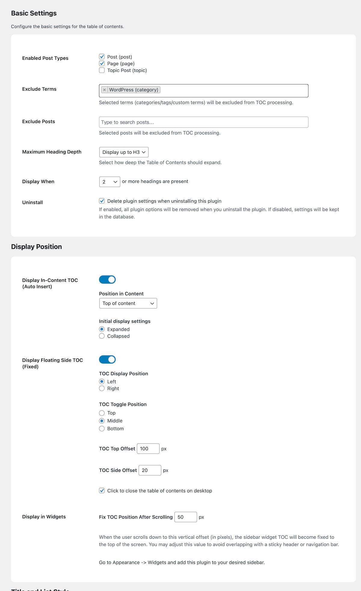 Admin panel: Basic Settings and Display Position configuration