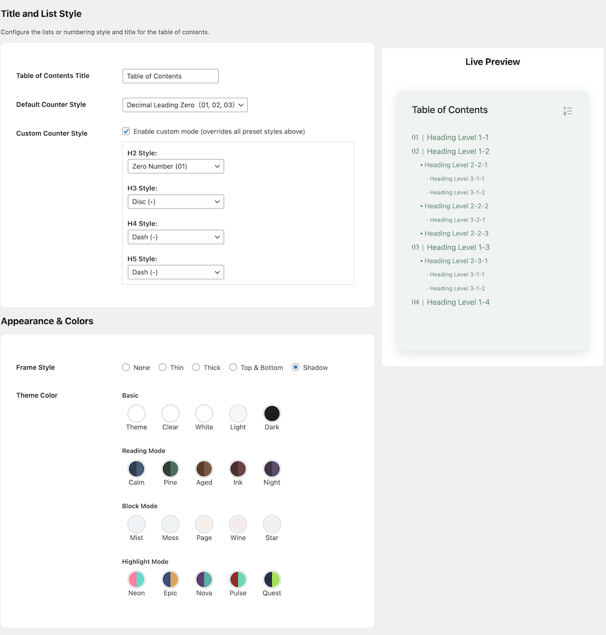 Admin panel: Title and List Style, Appearance & Colors, with live preview