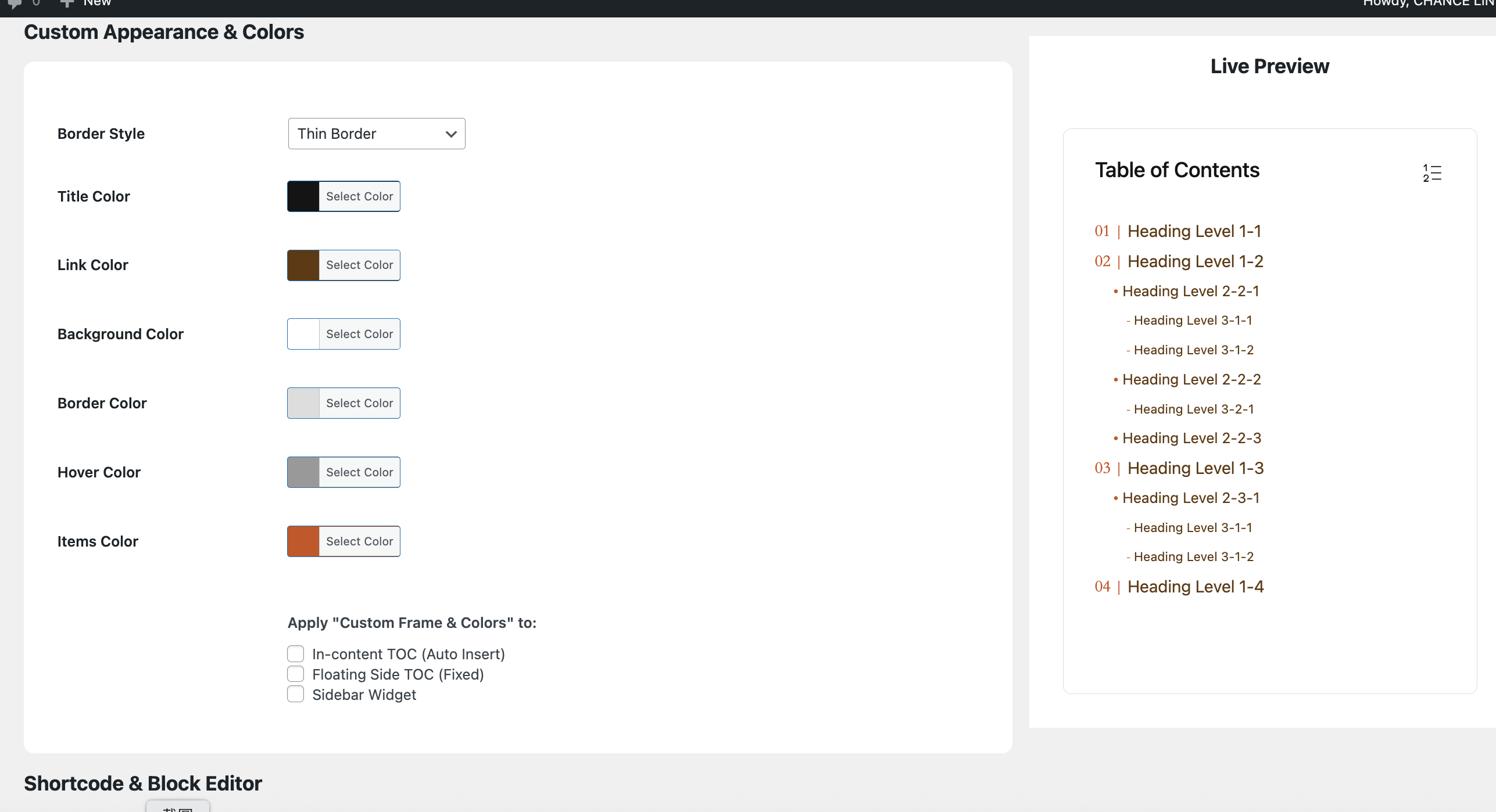 Admin panel: Custom Appearance & Colors with real-time live preview
