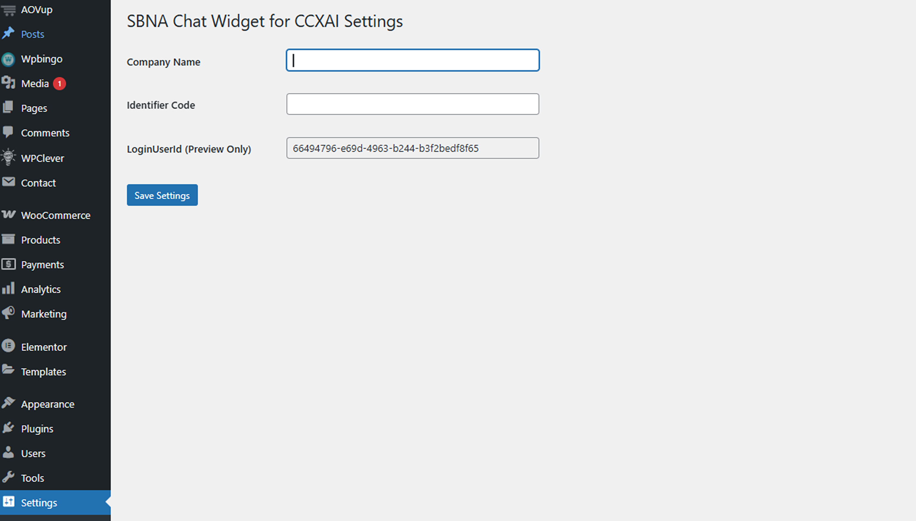 Settings screen in WordPress admin