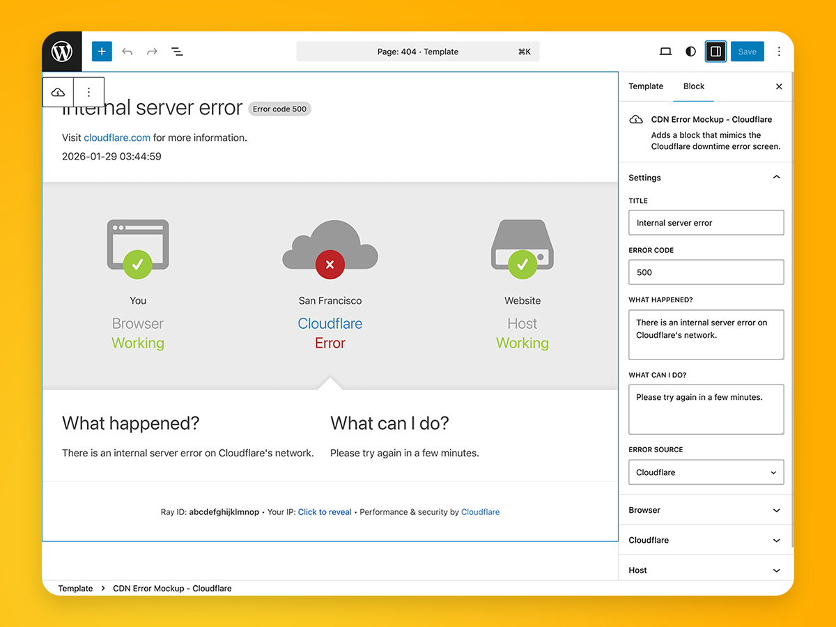 Error code and message can be changed in the settings sidebar