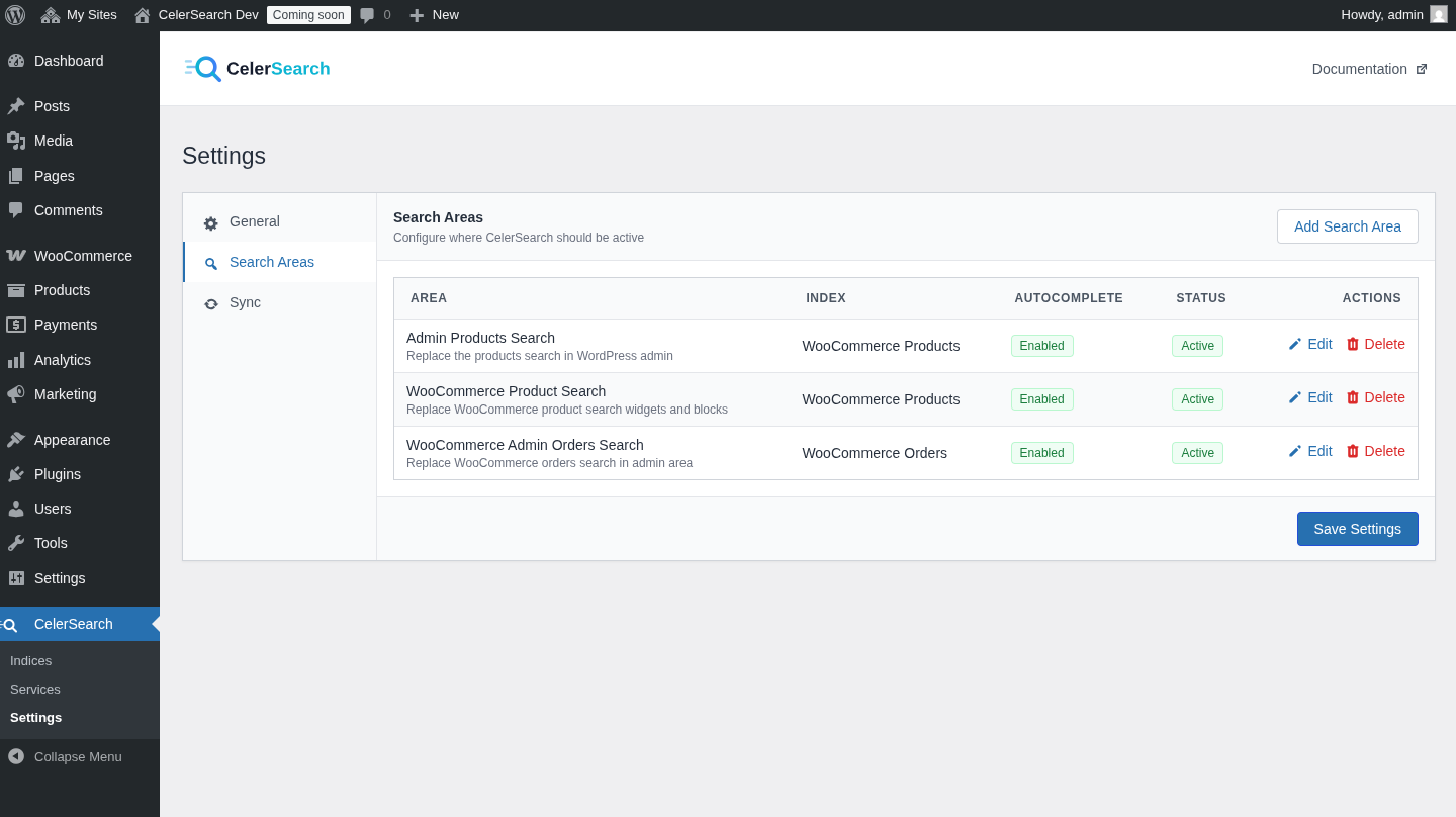 Settings and search areas