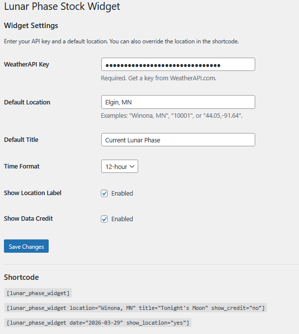 Settings screen for WeatherAPI key, default location, time format, and shortcode examples.