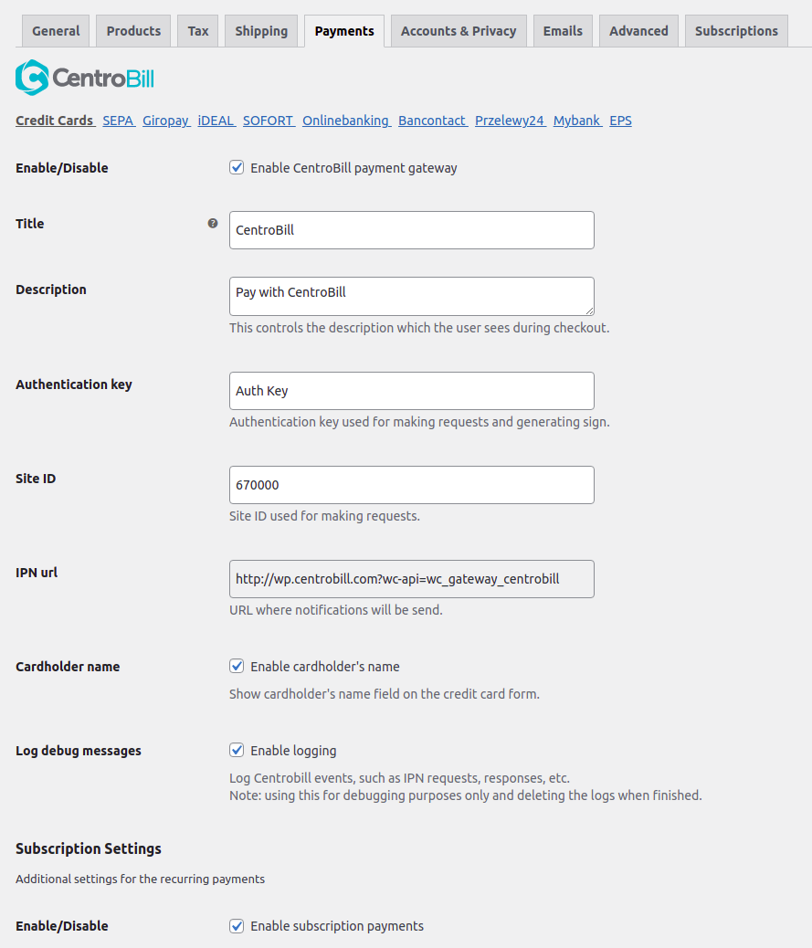 The plugin settings screen used to configure the Centrobill payment gateway.