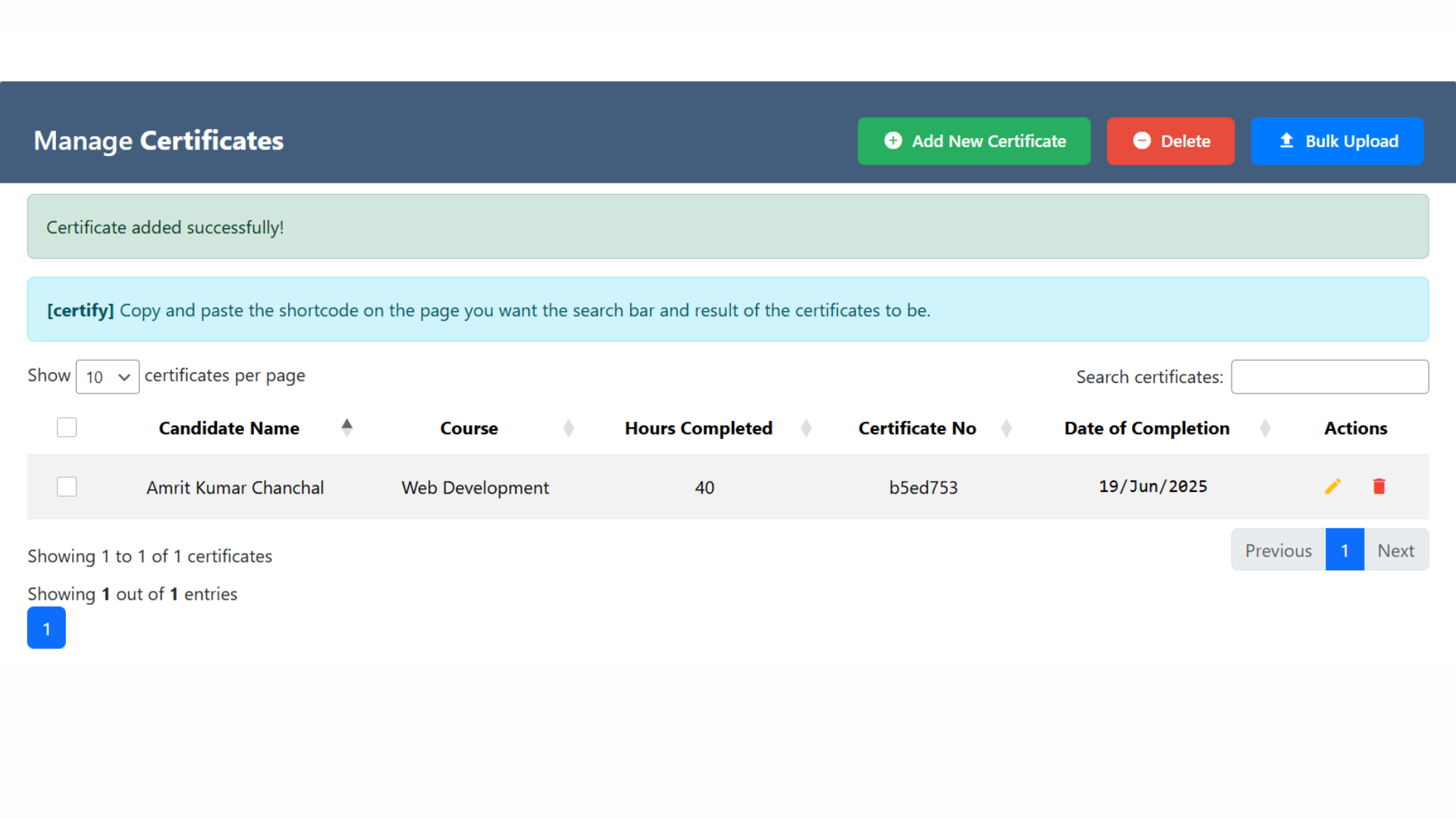 Certificate Management Dashboard - Admin panel showing all certificates in an organized table with edit/delete options