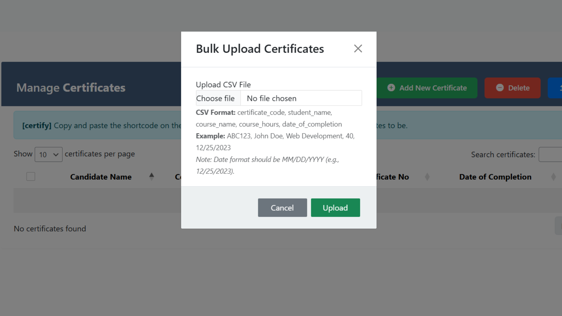 Bulk Certificate Upload - CSV import functionality for adding multiple certificates at once