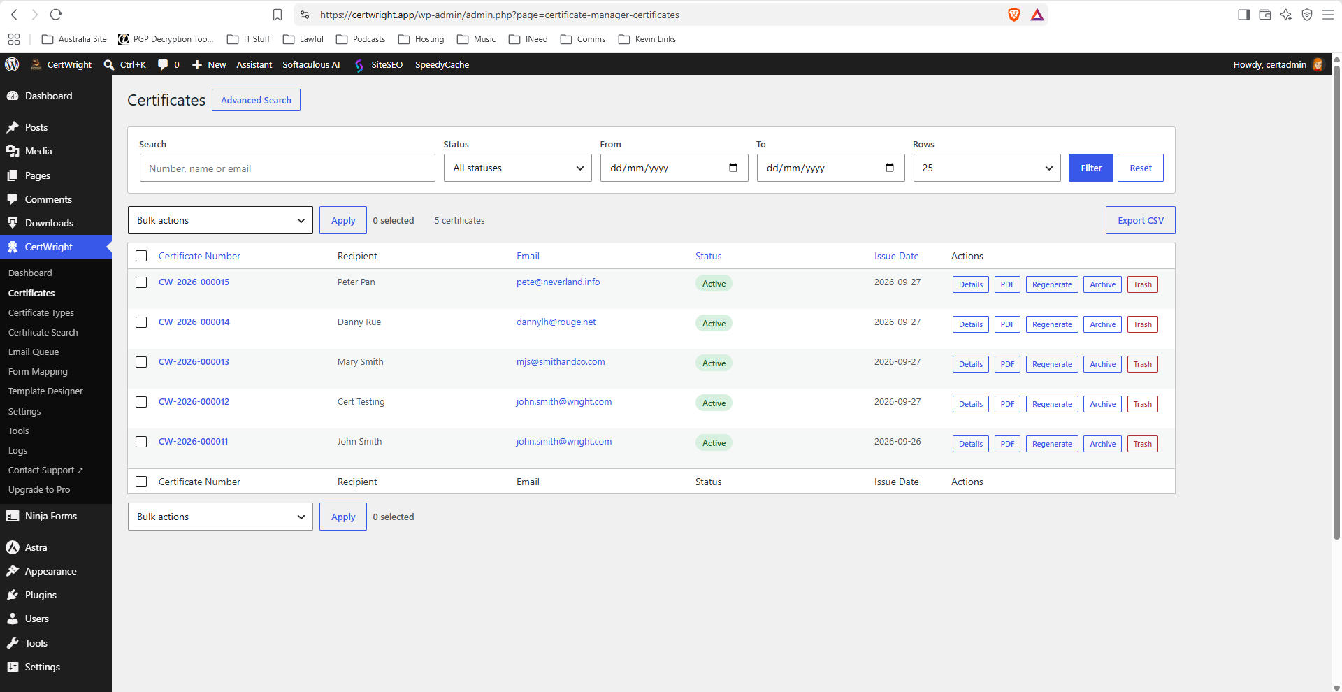 Find and manage issued certificates, view their status and download PDFs.