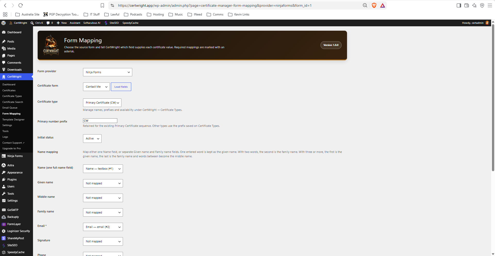 Map fields from your chosen form provider to certificate details.