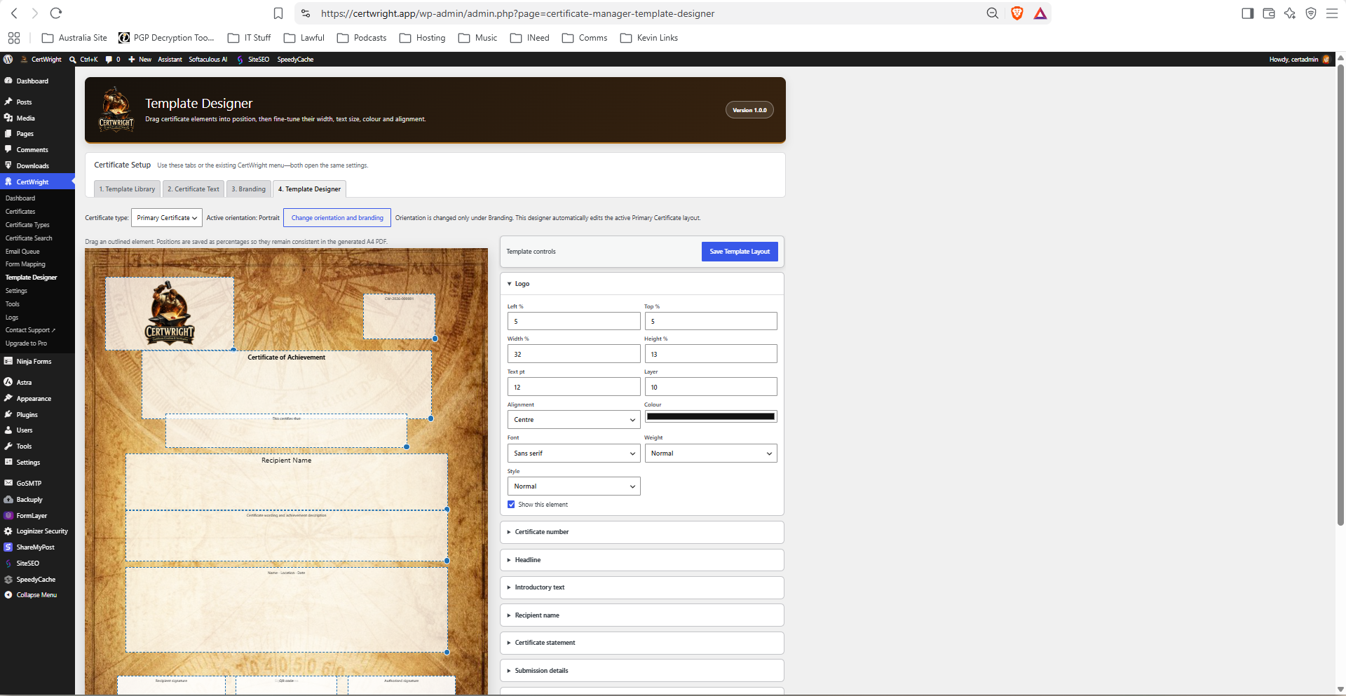 Position certificate elements and adjust their appearance in the Template Designer.