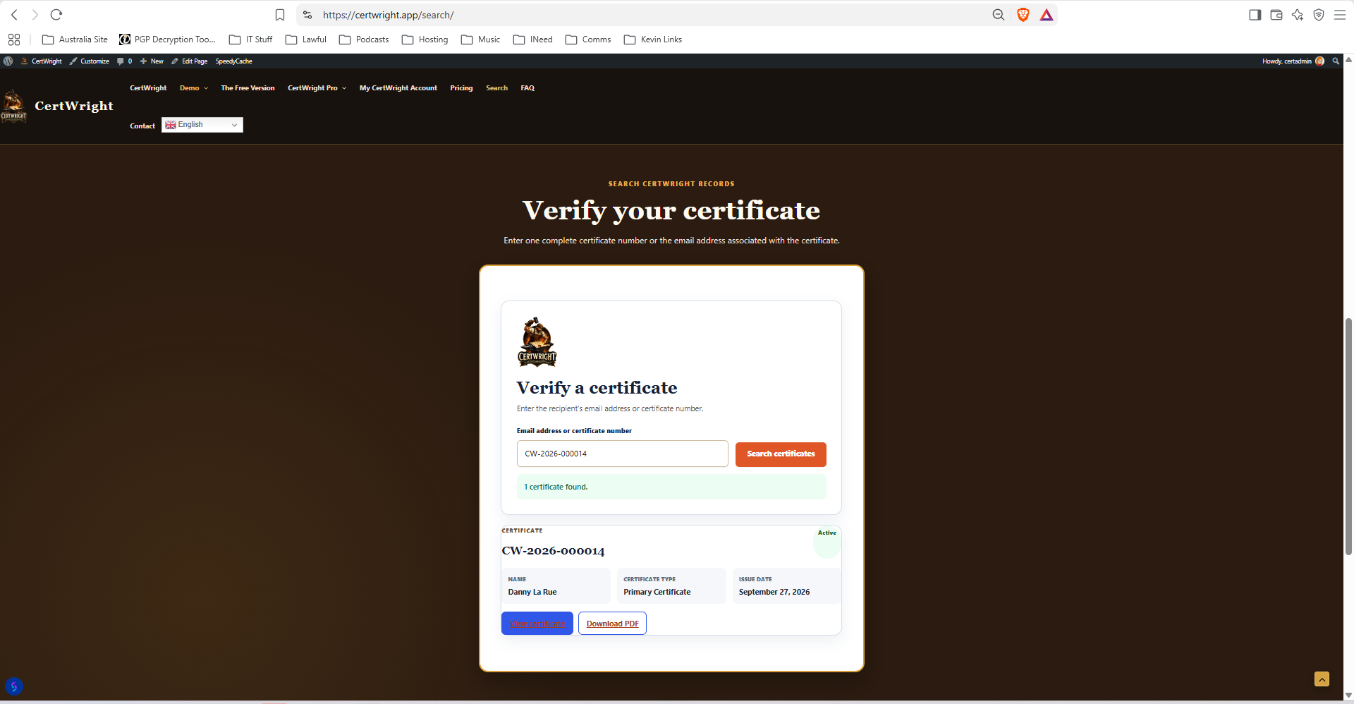 Search for a certificate and view its status through a public verification page.