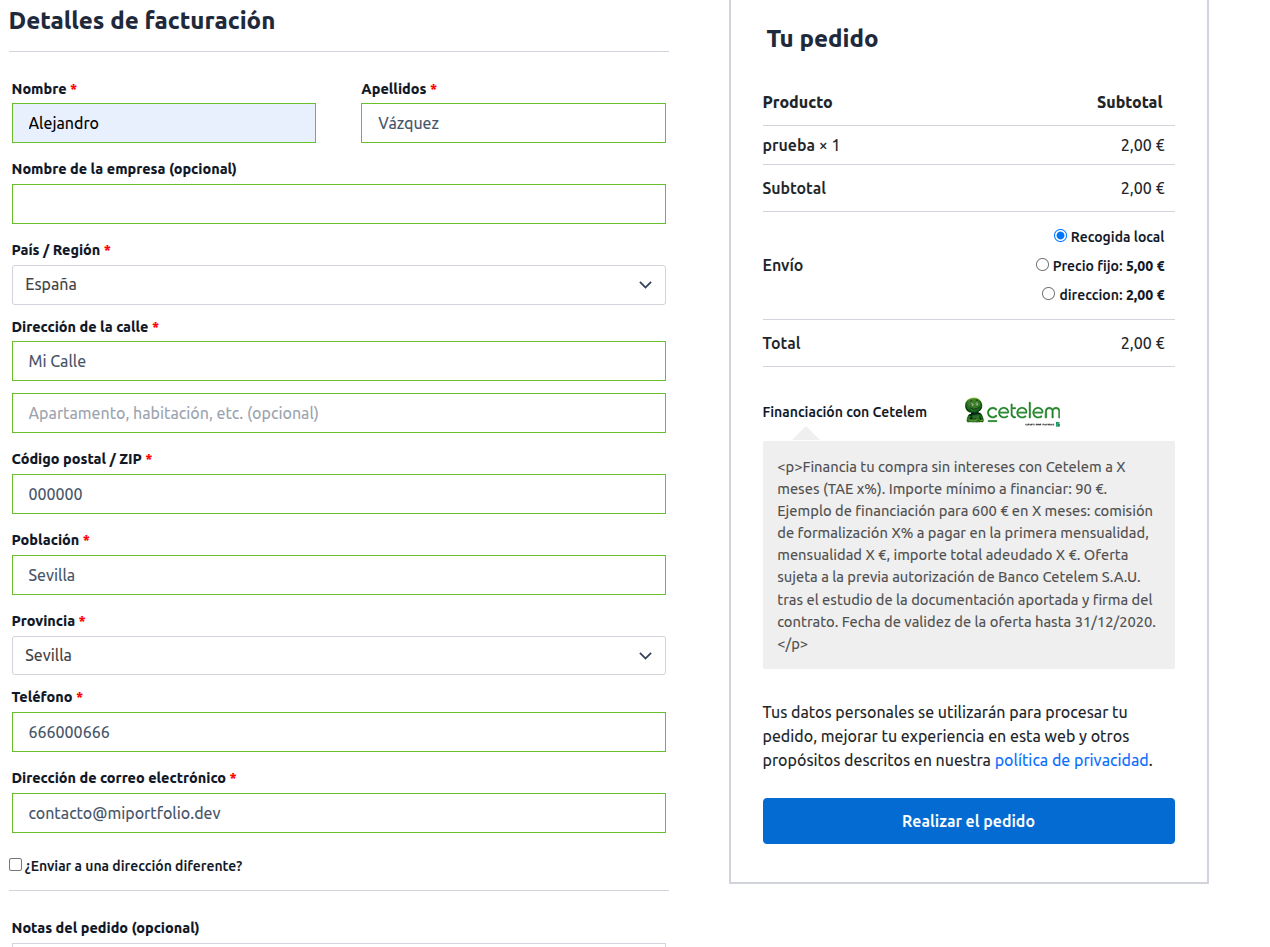 Screenshot checkout page Cetelem Payment.
