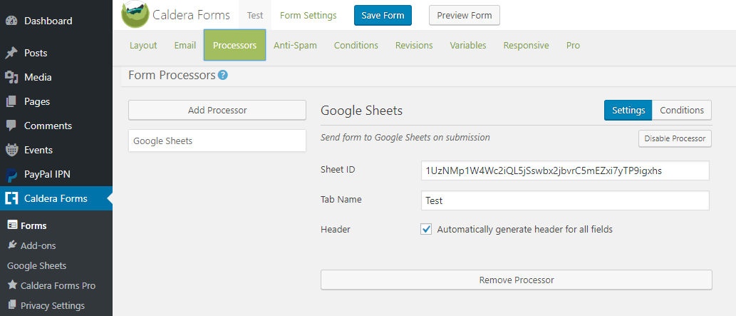 Adding Google Sheets processor in Caldera Forms
