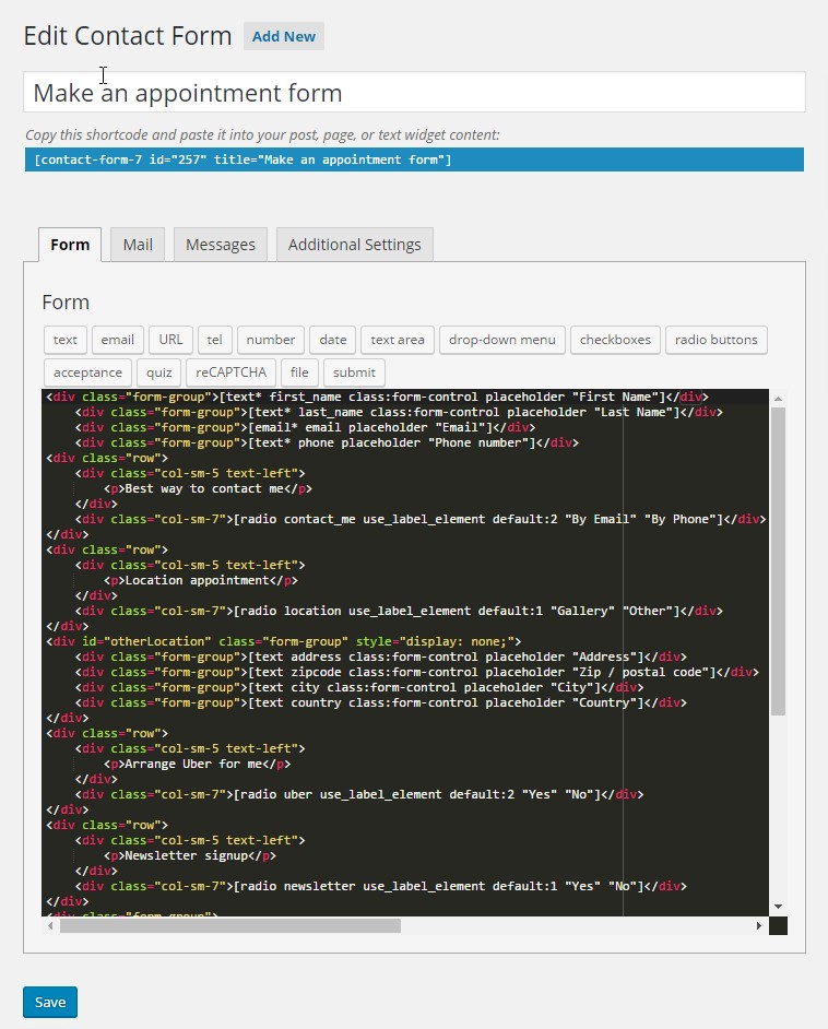 Editing a form with sytax highlighted ace editor.