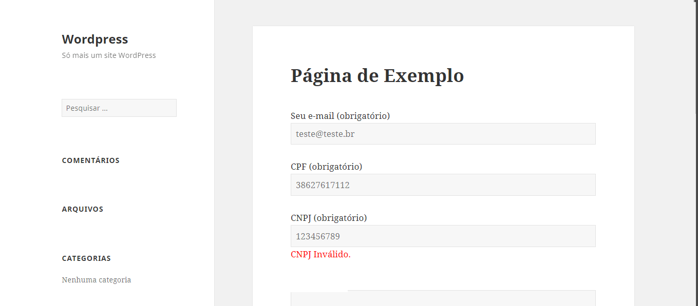 Formulário com CPF Válido e CNPJ inválido