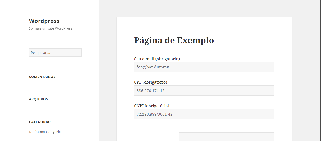 Formulário com CPF e CNPJ válidos (ambos formatados com JS ou pelo usuário)