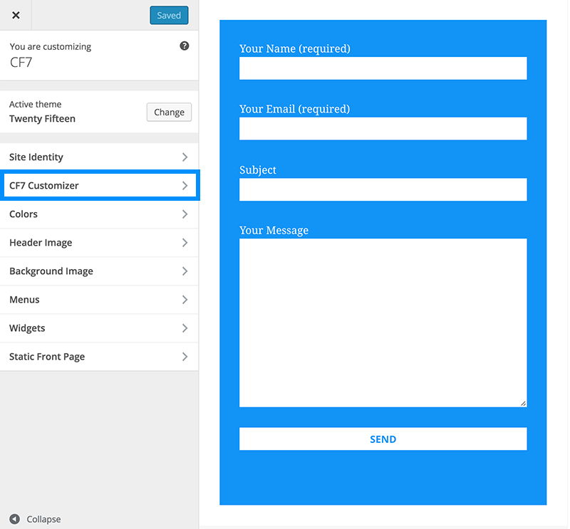 Open customizer at contact form 7 page and you will find a new menu called `CF7 Customizer`