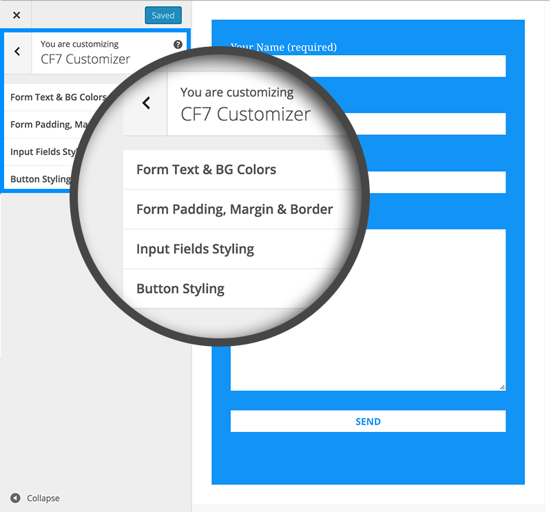 Inside CF7 Customizer panel there are four sections for you to customize