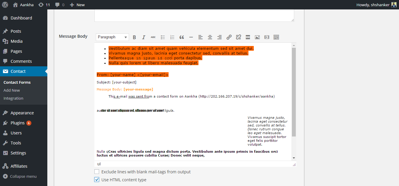 Automatic email editor (WYSIWYG - tinyMCE ) enable on select Use HTML content type.