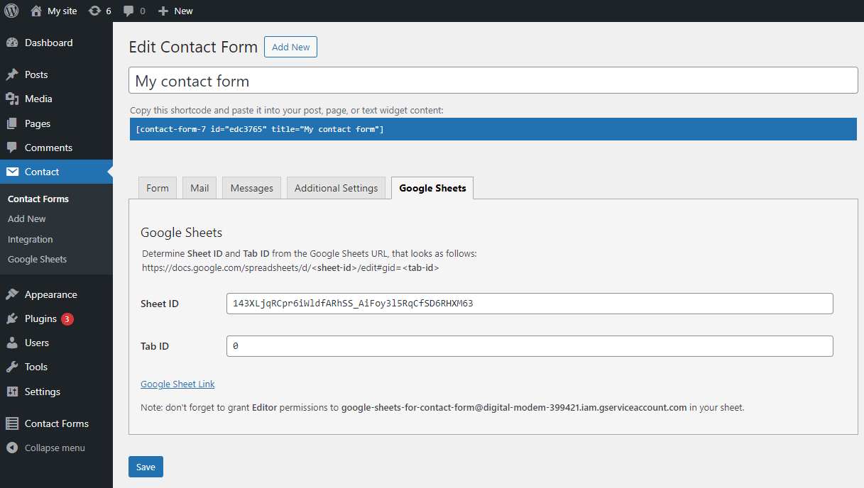 Configuring Google Sheets processor in Contact Form 7
