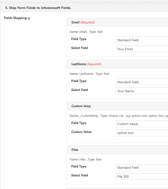 Map Infusionsoft fields to contact form 7 form fields.