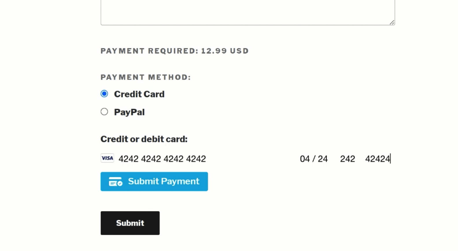 Contact form payment elements