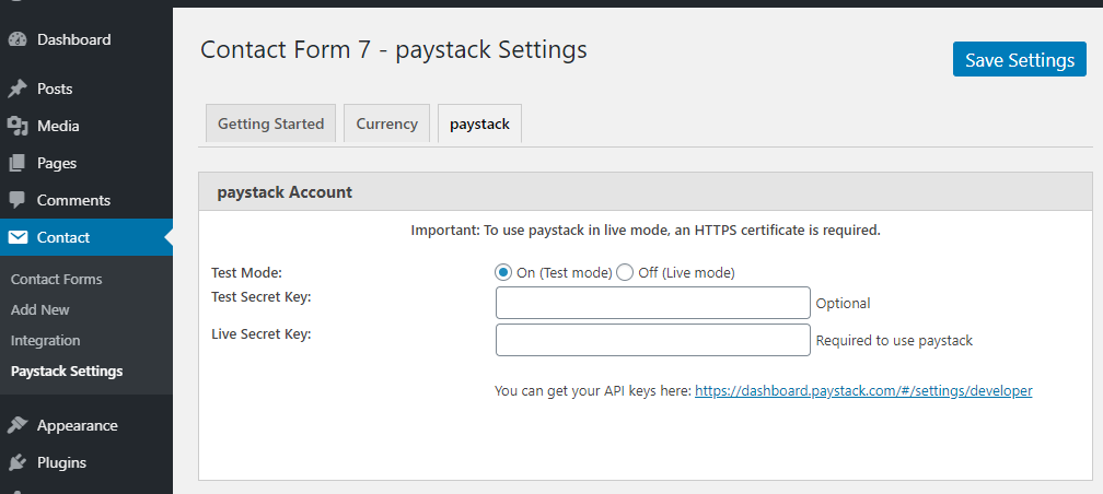 Paystack settings Paystack Tab