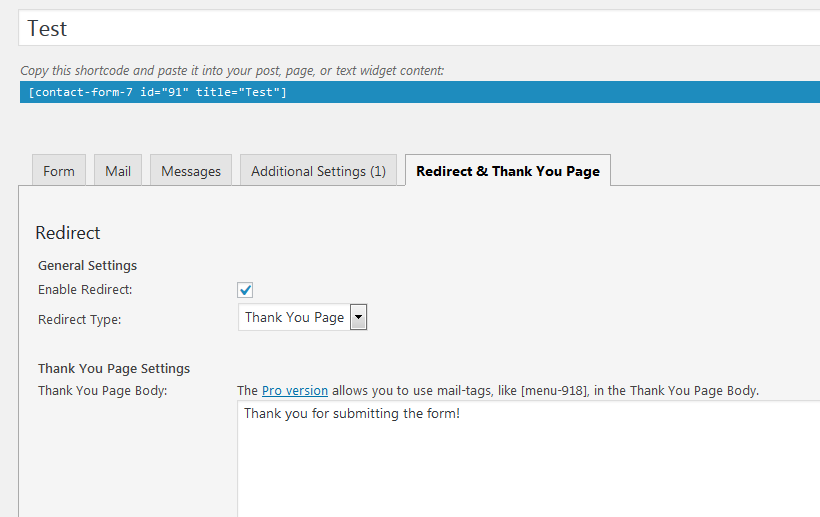 Thank You Page Redirect Settings