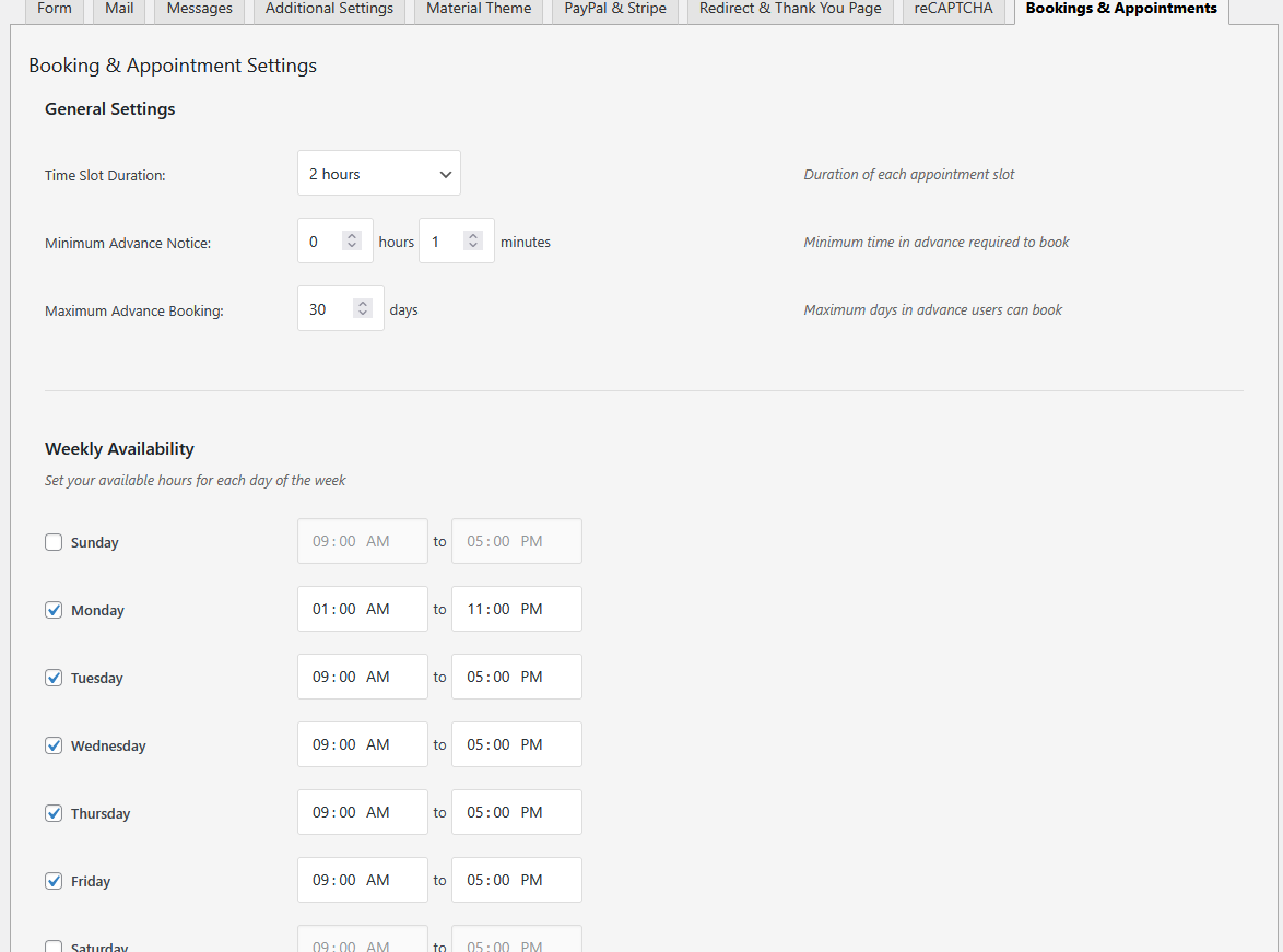 Form Booking Settings
