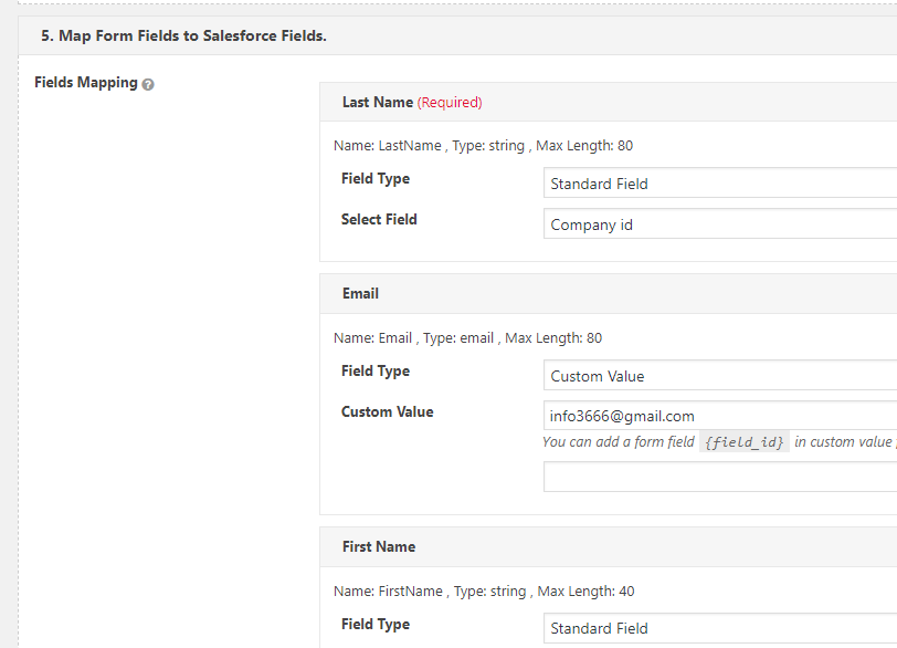 Map salesforce fields.