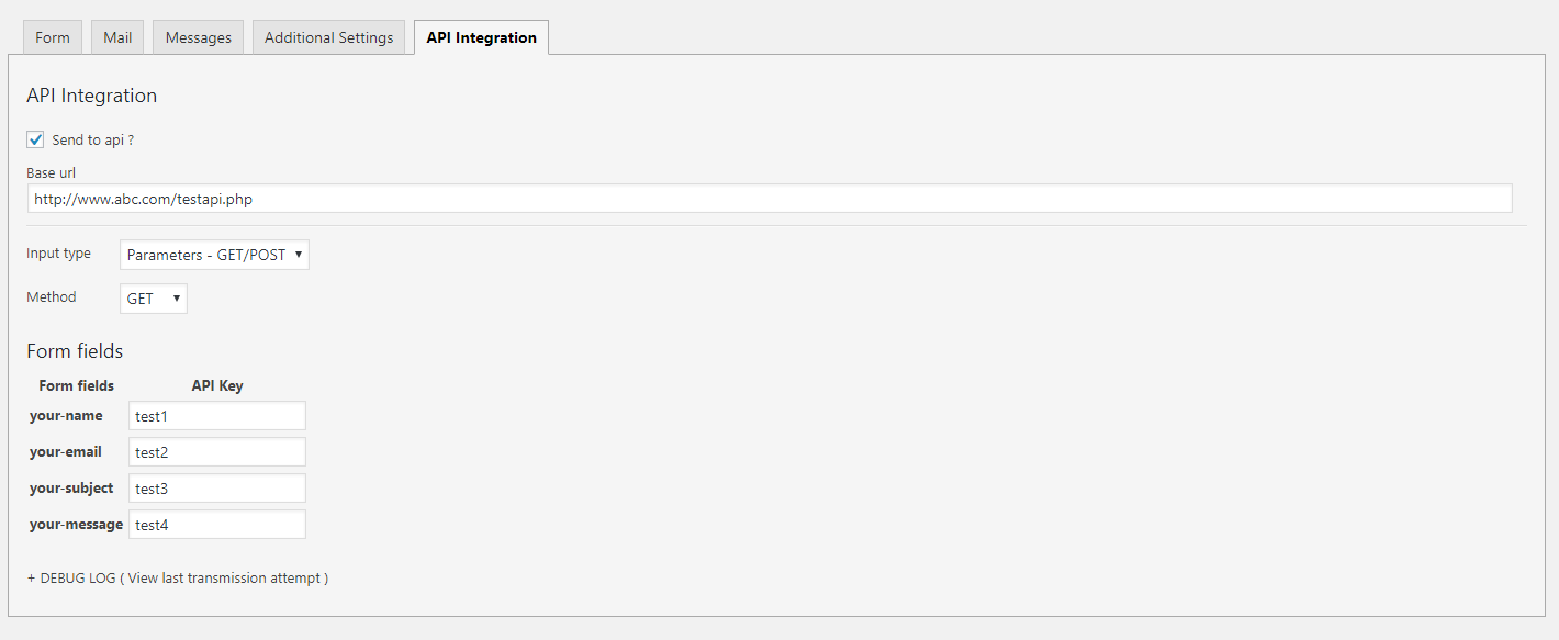A view of the interface - send parameters