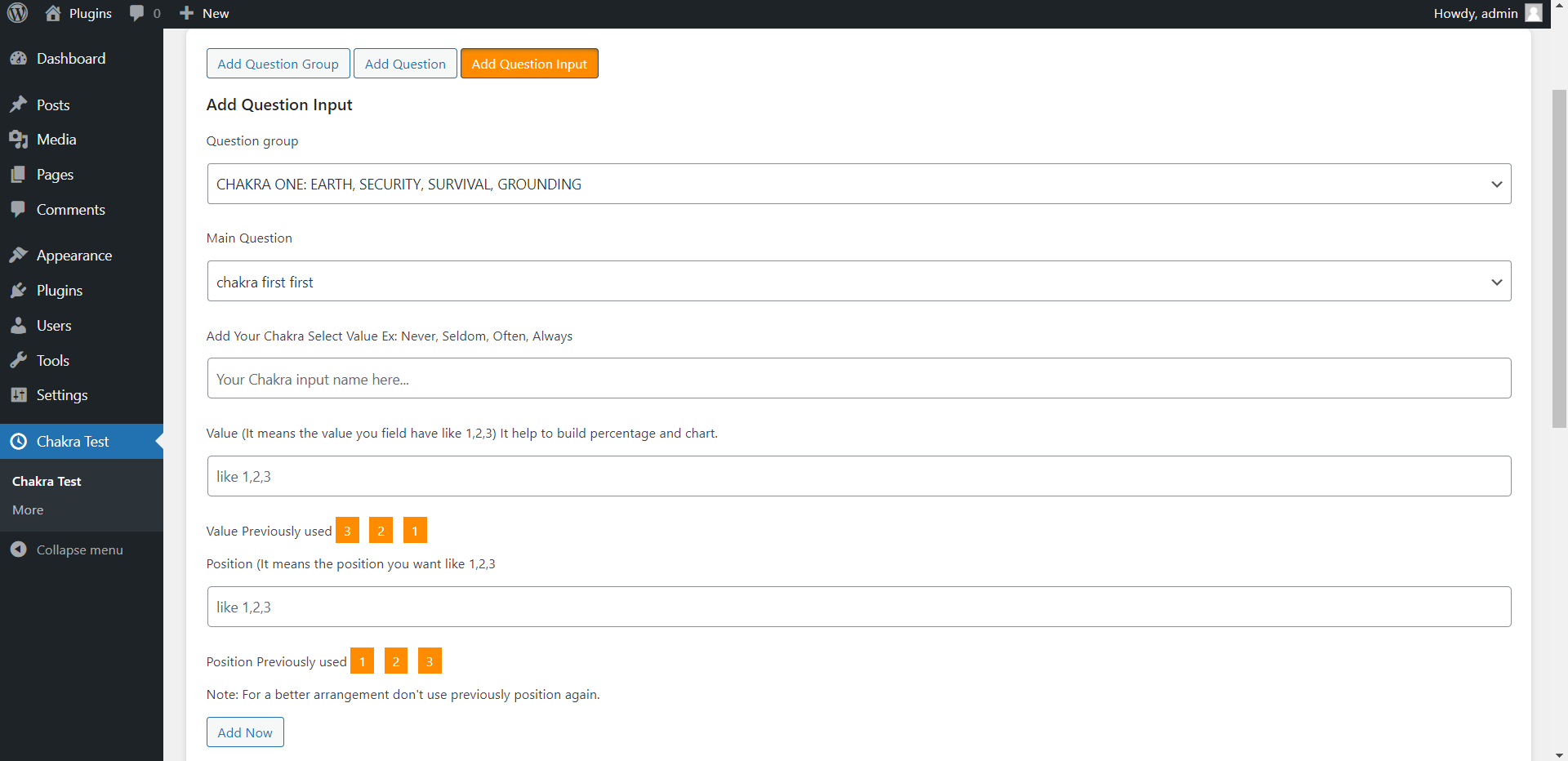 Dashboard Add Question input