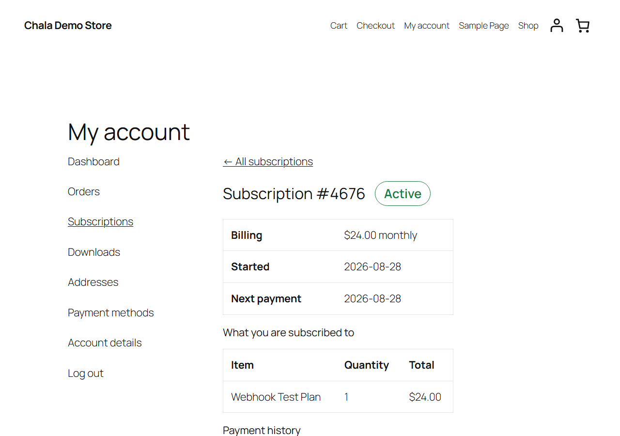 Subscription detail with cancel, pause, and update payment method options.
